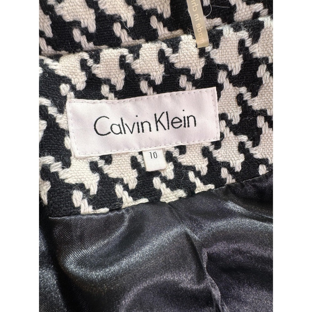 Calvin Klein Coat Womens 10 Black White Houndstooth Wool Tweed Zip Pockets - Picture 2 of 10